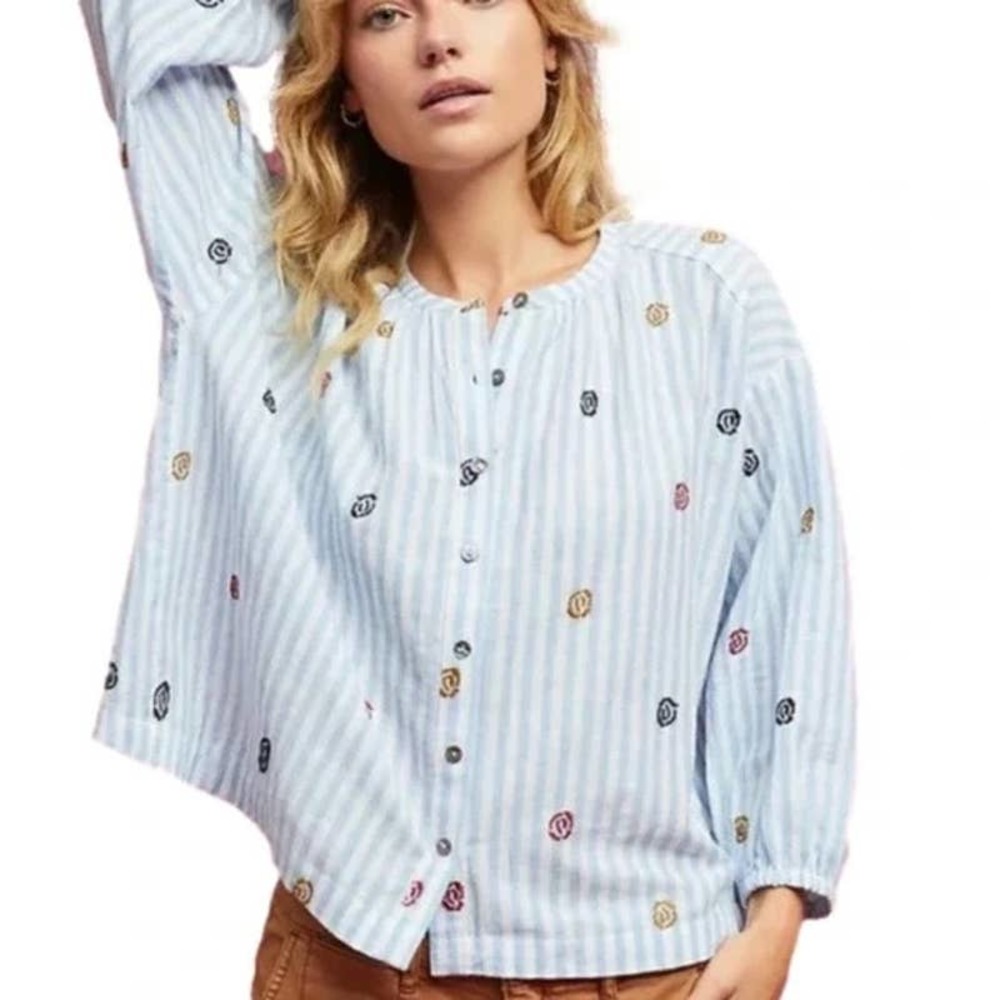 Akemi + Kin Anthropologie Adela Striped Embroidered Button Down Blouse Large